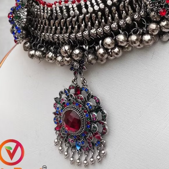 Afghan Ethnic Choker Necklace, Afghan Choker With Silver Kuchi Bells - Picture 5 of 10